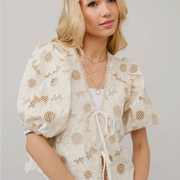 Floral Lace Tie-Front Top - Cream - Picture 1 of 6